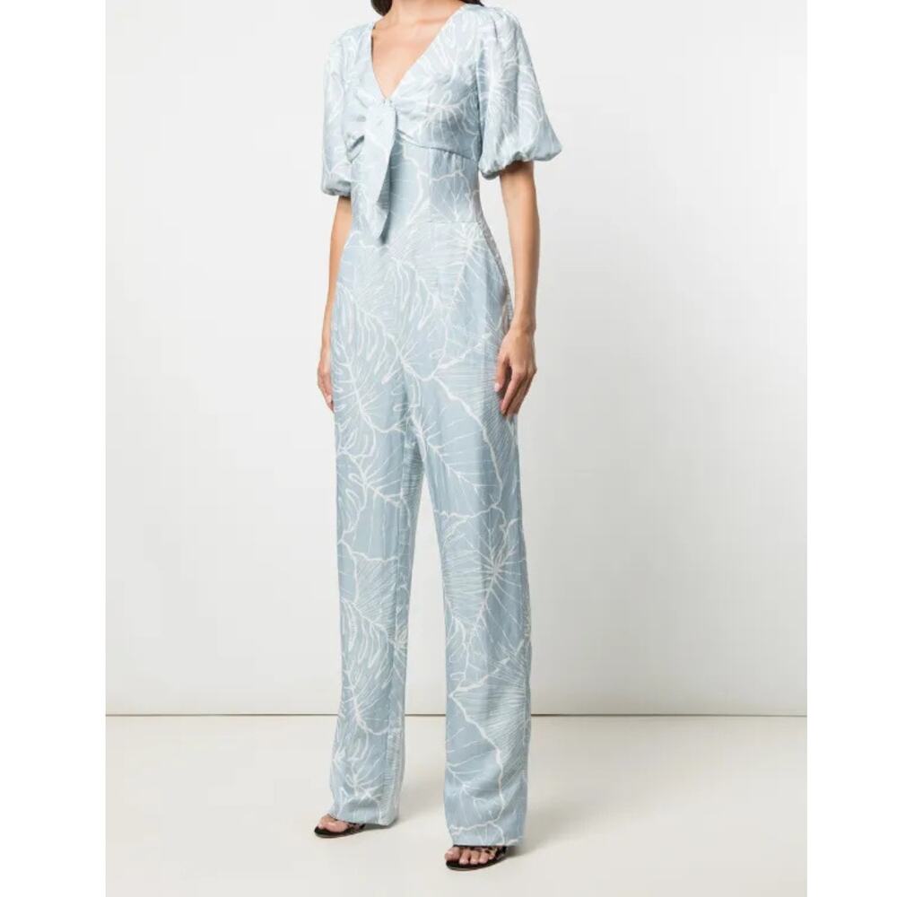 Marchesa Notte Tie Front Jumpsuit NEW Blue White Floral Leaf V-Neck NWT Size 6